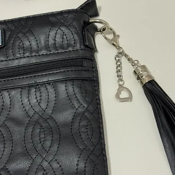 Bella Russo Quilted Crossbody Purse Black Silver Heart Tassel Hand Bag Zipper - Picture 4 of 8